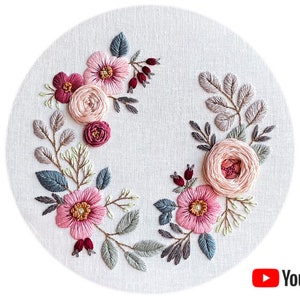 Pdf pattern + video tutorial &quot;Wild rose&quot; 25, 26 cm (10 inch) hand embroidery floral wreath, pink flowers, for beginners. Digital download