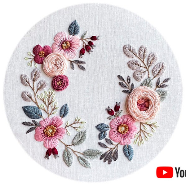 Pdf pattern + video tutorial "Wild rose" 25, 26 cm (10 inch) hand embroidery floral wreath, pink flowers, for beginners. Digital download