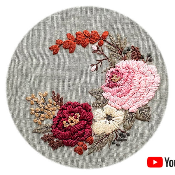 Pdf pattern + video tutorial "Garnet" 20 cm (8 inch). Hand embroidery design, burgundi & soft pink flowers.  Wall art. Digital download