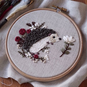 Pdf pattern video tutorial Hedgehog 15 cm 6 inch hand embroidery cute animal design, floral elements. Digital download, for beginners image 7