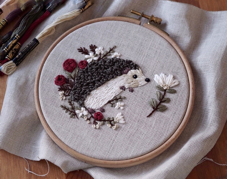 Pdf pattern video tutorial Hedgehog 15 cm 6 inch hand embroidery cute animal design, floral elements. Digital download, for beginners image 7