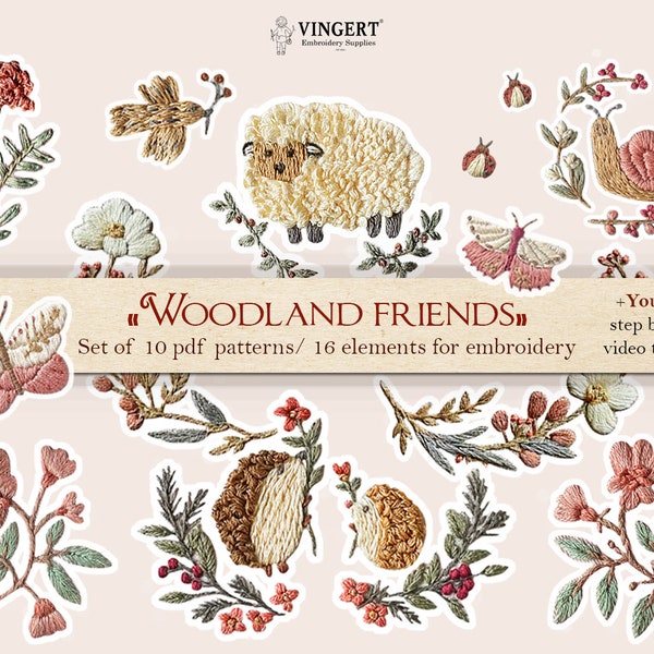 Set of 10 pdf patterns "Woodland friends. Children's collection" + 2 video tutorials. 16 printable templates for hand embroidery on clothes