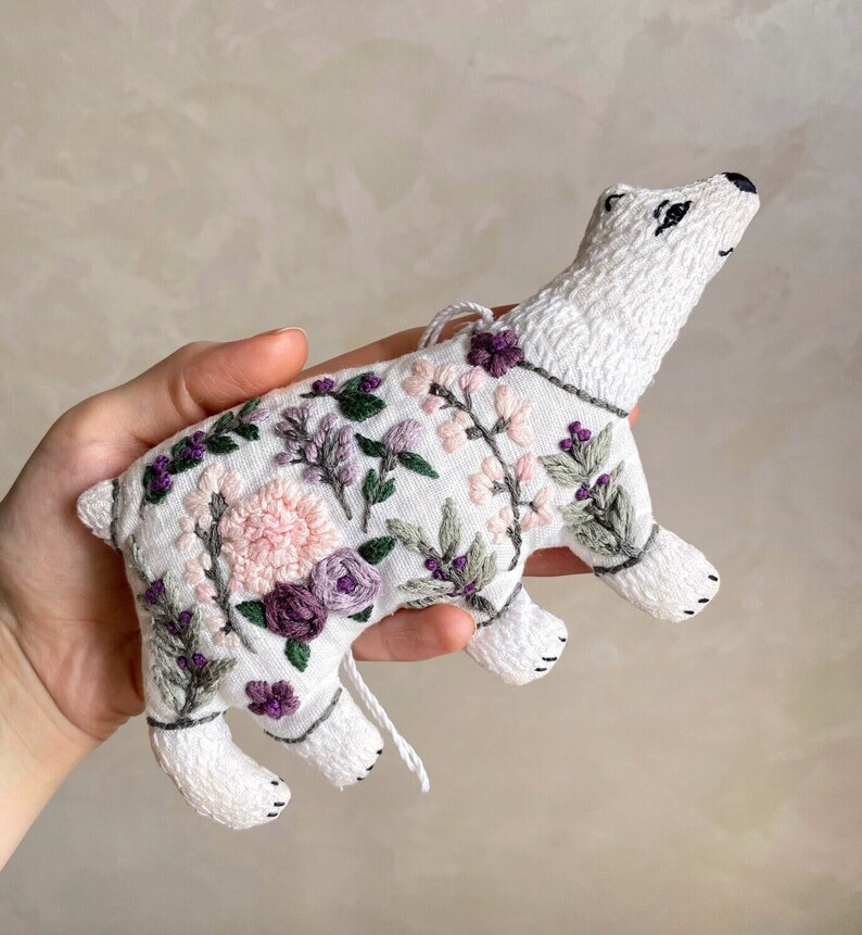 Pdf pattern video tutorial Mama Bear Cute linen animal toy with floral hand embroidery, for kids, home decor. Digital download image 2