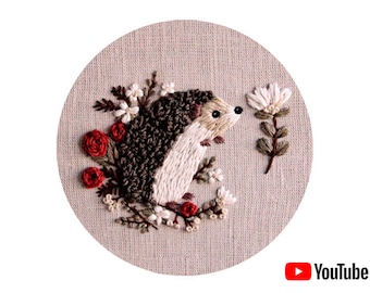 Pdf pattern + video tutorial "Hedgehog" 15 cm (6 inch) hand embroidery cute animal design, floral elements. Digital download, for beginners