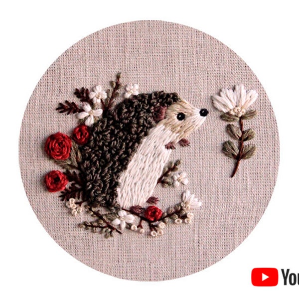 Pdf pattern + video tutorial "Hedgehog" 15 cm (6 inch) hand embroidery cute animal design, floral elements. Digital download, for beginners