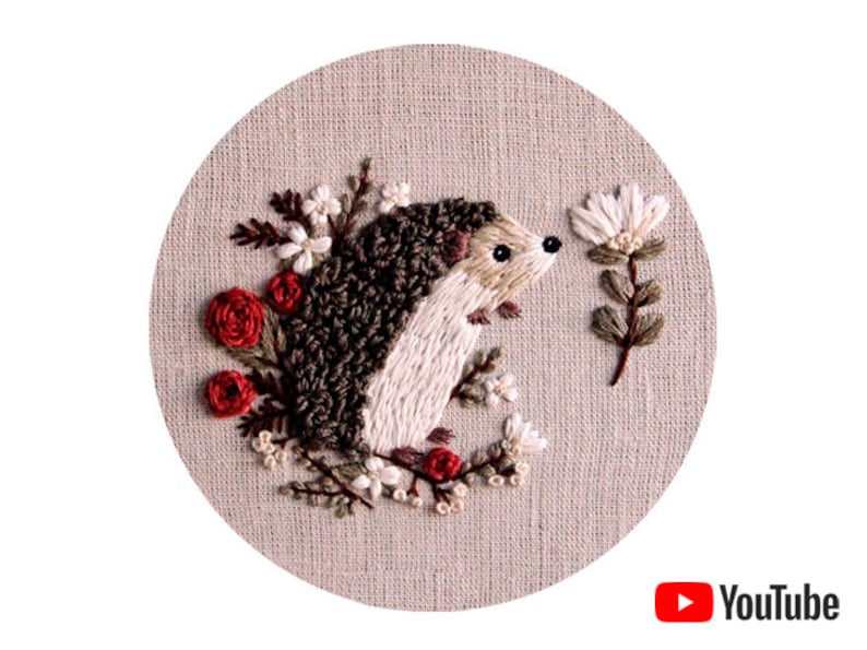 Pdf pattern video tutorial Hedgehog 15 cm 6 inch hand embroidery cute animal design, floral elements. Digital download, for beginners image 1