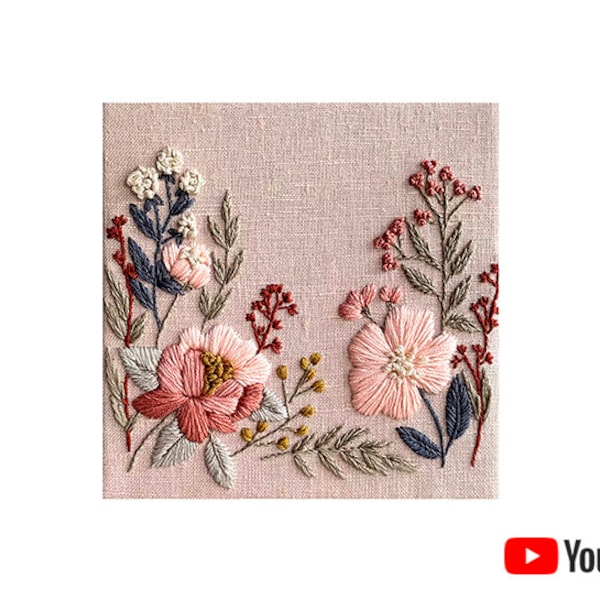 Pdf pattern + video tutorial "Camelia flowers" 15x15cm or 20x20 cm. Hand embroidery floral design for wall hanging. Digital download