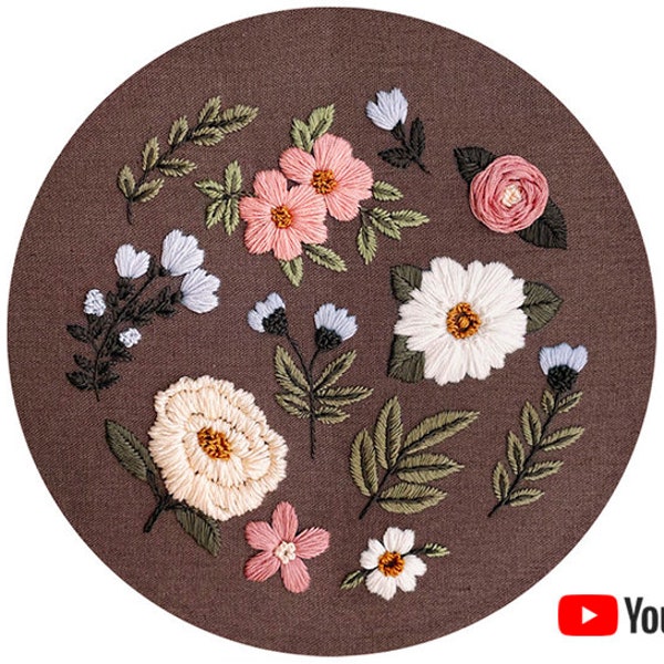 Pdf pattern + video tutorial "The Awakening of Flora" 25, 26 cm (10 inch) hand embroidery flower design, for beginners. Digital download