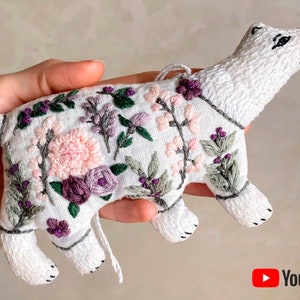 Pdf pattern video tutorial Mama Bear Cute linen animal toy with floral hand embroidery, for kids, home decor. Digital download image 1