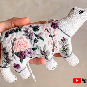 Pdf pattern + video tutorial &quot;Mama Bear&quot; Cute linen animal toy with floral hand embroidery, for kids, home decor. Digital download