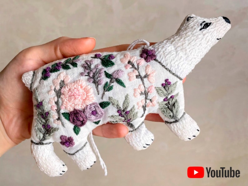 Pdf pattern video tutorial Mama Bear Cute linen animal toy with floral hand embroidery, for kids, home decor. Digital download image 1