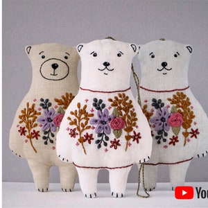 Pdf pattern + video tutorial &quot;Linen Toy Bear&quot; Cute animal toy with floral hand embroidery, for kids, home decor. Digital download