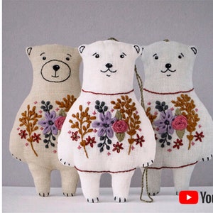 Pdf pattern + video tutorial "Linen Toy Bear" Cute animal toy with floral hand embroidery, for kids, home decor. Digital download