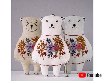 Pdf pattern + video tutorial "Linen Toy Bear" Cute animal toy with floral hand embroidery, for kids, home decor. Digital download