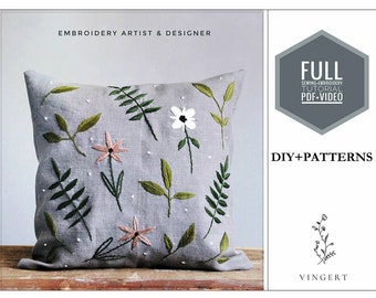 PDF pattern + video tutorial &quot;Gray Pillow Case&quot;. Handmade sewing diy with floral embroidery. Digital download, guide for beginners