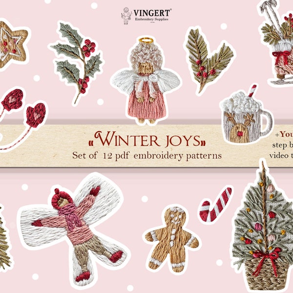 Christmas PDF pattern "Winter joys" set of 12 elements for hand embroidery + video tutorial. Printable templates
