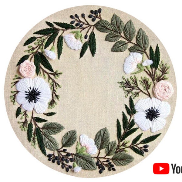 Pdf pattern + video tutorial "Anemones and Eucalyptus Floral Wreath" 26 cm (10 inch) hand embroidery design, for beginners. Digital download