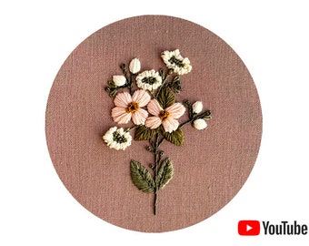 Pdf pattern + video tutorial "Meadow flowers" 15cm (6") hand embroidery flower design, for beginners. Digital download, printable template