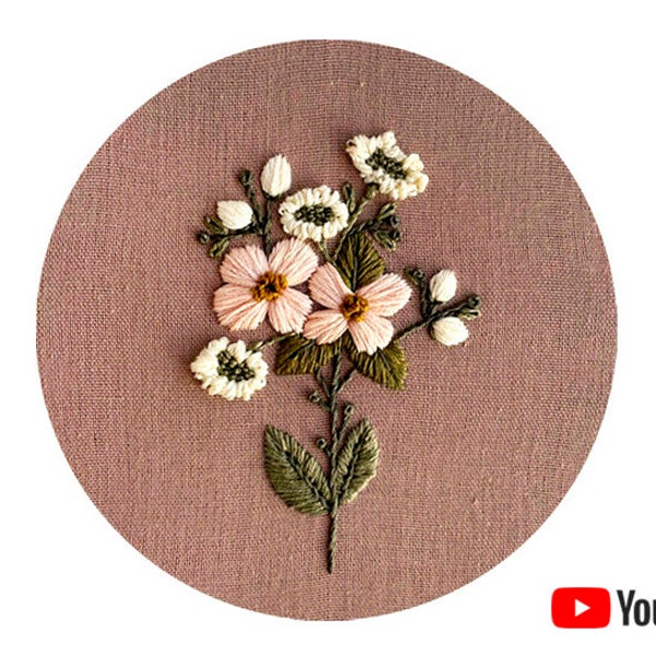 Pdf pattern + video tutorial "Meadow flowers" 15cm (6") hand embroidery flower design, for beginners. Digital download, printable template