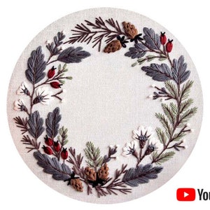 Pdf pattern + video tutorial "Winter Floral Wreath" 25/26 cm (10 inch) hand embroidery floral design, for beginners. Digital download