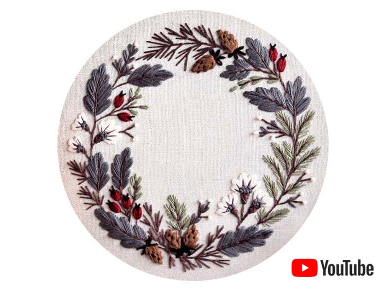 Pdf pattern video tutorial Winter Floral Wreath 25/26 cm 10 inch hand embroidery floral design, for beginners. Digital download image 1