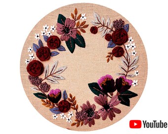 Pdf pattern + video tutorial "Mulled Wine" 26 cm (10 inch) hand embroidery floral wreath design, red & pink flowers. Digital download