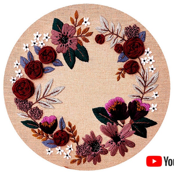 Pdf pattern + video tutorial "Mulled Wine" 26 cm (10 inch) hand embroidery floral wreath design, red & pink flowers. Digital download