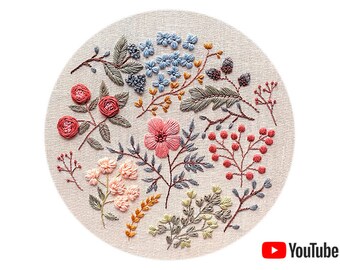 Pdf pattern + video tutorial "Anna's Diary" 25, 26 cm (10 inch). Hand embroidery autumn floral design, separate elements. Digital download