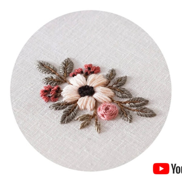 Pdf pattern + video tutorial "18-06" 15 cm (6 inch) hand embroidery flower design, for beginners. Digital download, printable template