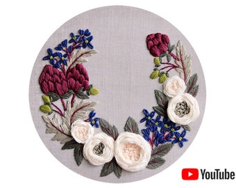 Pdf pattern + video tutorial "Artichokes and White Roses Wreath" 26 cm (10 inch) hand embroidery flower design. Digital download