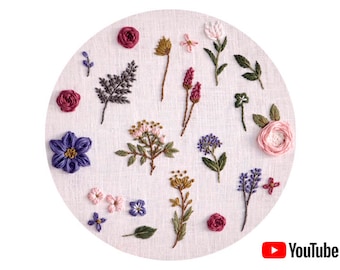 Pdf pattern + video tutorial "Botanical elements 2" 26 cm (10 inch) hand embroidery floral & flower design. Digital download, for beginners