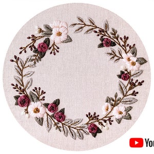 Pdf pattern + video tutorial &quot;Baby Blooms&quot; 19, 20 cm (8 inch) hand embroidery floral wreath design, white & red flowers. Digital download