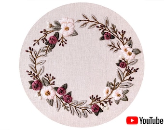 Pdf pattern + video tutorial "Baby Blooms" 19, 20 cm (8 inch) hand embroidery floral wreath design, white & red flowers. Digital download