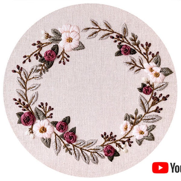 Pdf pattern + video tutorial "Baby Blooms" 19, 20 cm (8 inch) hand embroidery floral wreath design, white & red flowers. Digital download