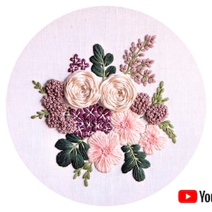 Pdf pattern + video tutorial "Purple Rain" 20, 26 cm (8, 10 inch) hand embroidery flower bouquet design. Digital download, for beginners