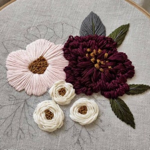 Pdf pattern video tutorial Pink and Burgundy Peonies 17,5/20 cm 7, 8 inch hand embroidery flower design. Digital download image 8