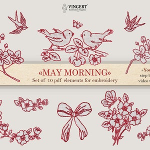 Pode incluir: Um conjunto de 10 padrões de bordado com um design floral vermelho e branco, pássaros, uma borboleta e um laço. Os padrões são intitulados "May Morning" e estão disponíveis para download em PDF. Um tutorial do YouTube está incluído.
