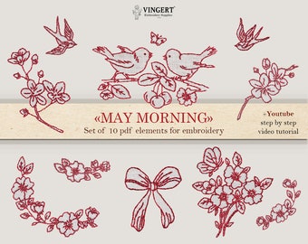 Set of 10 pdf patterns "May morning. Redwork" + video tutorial. Printable templates for flower hand embroidery on clothes/fabric