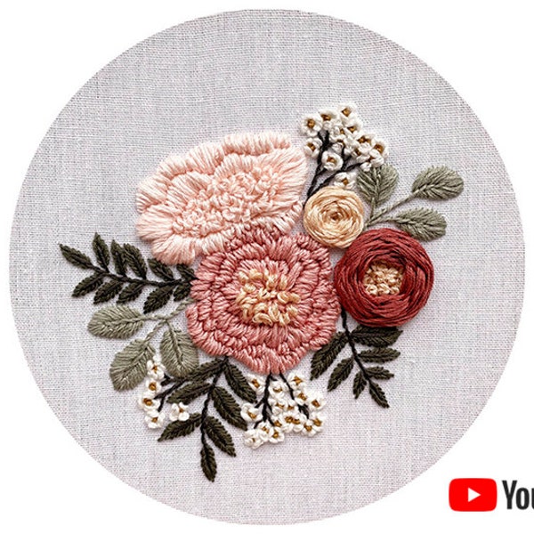 Pdf pattern + video tutorial "Mauve Roses & Wax Flowers" 19, 20 cm (8 inch) hand embroidery floral design. Digital download, for beginners