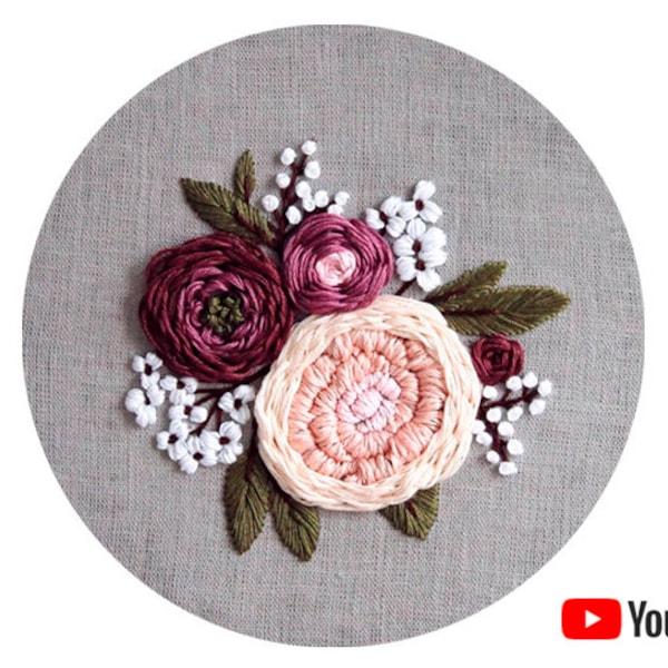 Pdf pattern + video tutorial "Winter Games" 20 cm (8 inch) hand embroidery floral design, pink flowers. Digital download, for beginners