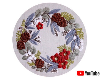 Pdf pattern + video tutorial "Sweet November Wreath" 26 cm (10 inch) hand embroidery floral design, red flowers, cones. Digital download