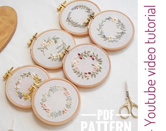 Set of 6 Pdf patterns "Forest Jewels" 10 cm (4") - floral wreath templates for hand embroidery + guide + video tutorial. For beginners