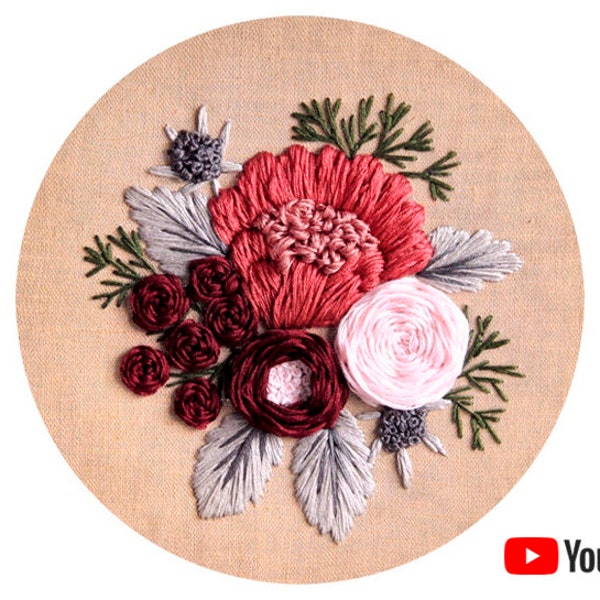 Pdf pattern + video tutorial "Raspberries and Thistles" 20 cm (8 inch) hand embroidery flower design. Digital download, for beginners