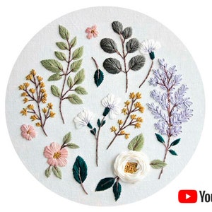 Pdf pattern + video tutorial &quot;Lilac & Cherry Blossom/ Botanical Elements&quot; 26/27,5 cm (10,5/11 inch) hand embroidery design. Digital download