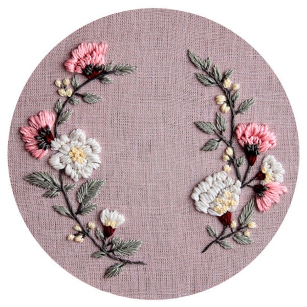 Pdf pattern "2502 White, Pink Roses" 20 cm (8 inch) hand embroidery floral design, flowers, for beginners. Digital download