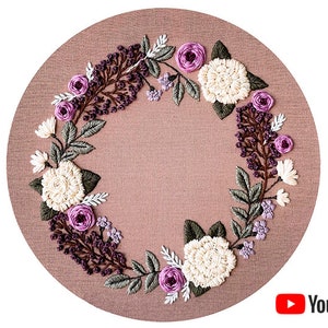 Pdf pattern + video tutorial &quot;Purple Spring&quot; 26 cm (10 inch) hand embroidery floral wreath design, white & lilac flowers. Digital download