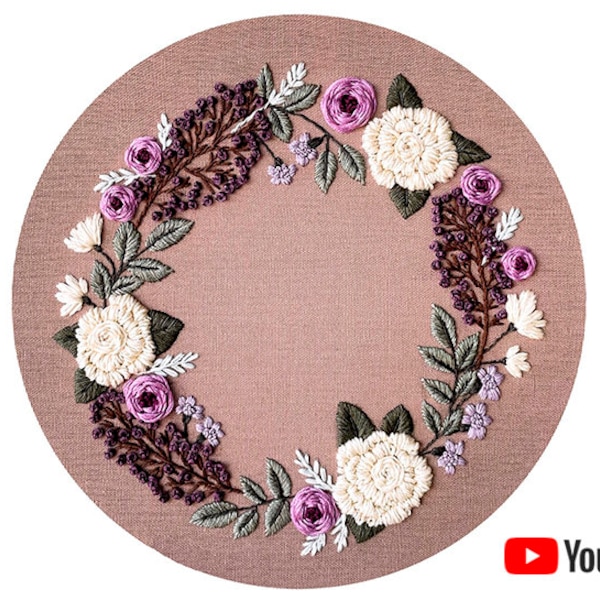 Pdf pattern + video tutorial "Purple Spring" 26 cm (10 inch) hand embroidery floral wreath design, white & lilac flowers. Digital download