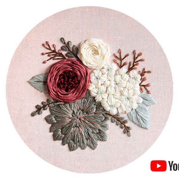 Pdf pattern + video tutorial "Desert Rose" 20 cm (8 inch) hand embroidery flower bouquet design. Digital download, for beginners