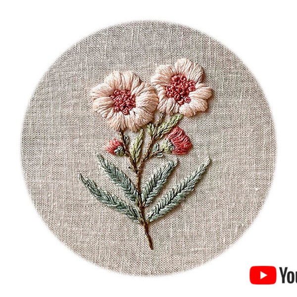Pdf pattern + video tutorial "Pink azalea" 10 cm (4") hand embroidery flower design, for beginners. Digital download, printable template