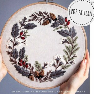 Pdf pattern video tutorial Winter Floral Wreath 25/26 cm 10 inch hand embroidery floral design, for beginners. Digital download image 3